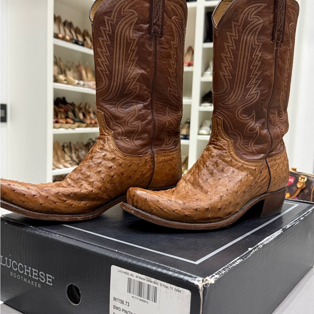 Lucchese Brown Ostrich Leather Cowboy Boots